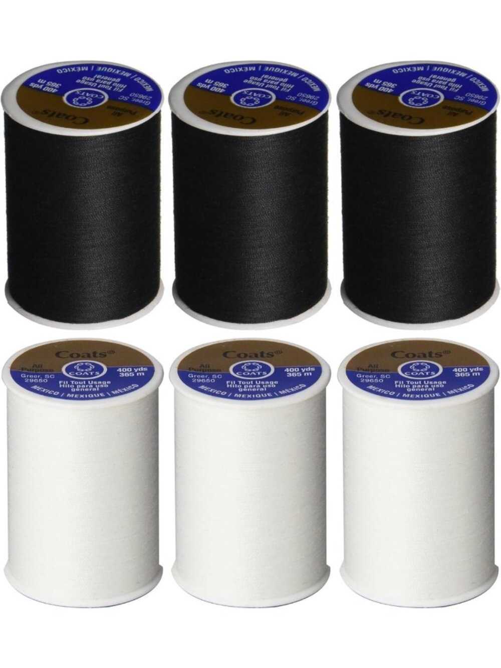 6 Pack Thread Bundle - 3 Black & 3 White All-Purpose Sewing Thread Spools 400